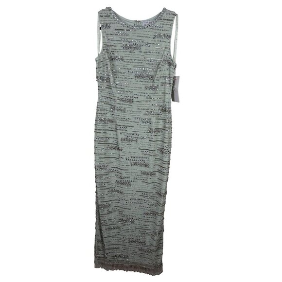 NWT Mac Duggal  Crystal & Beaded Fringe Midi Dress Sage Green Sz 6 Beaded Fringe - Picture 5 of 8